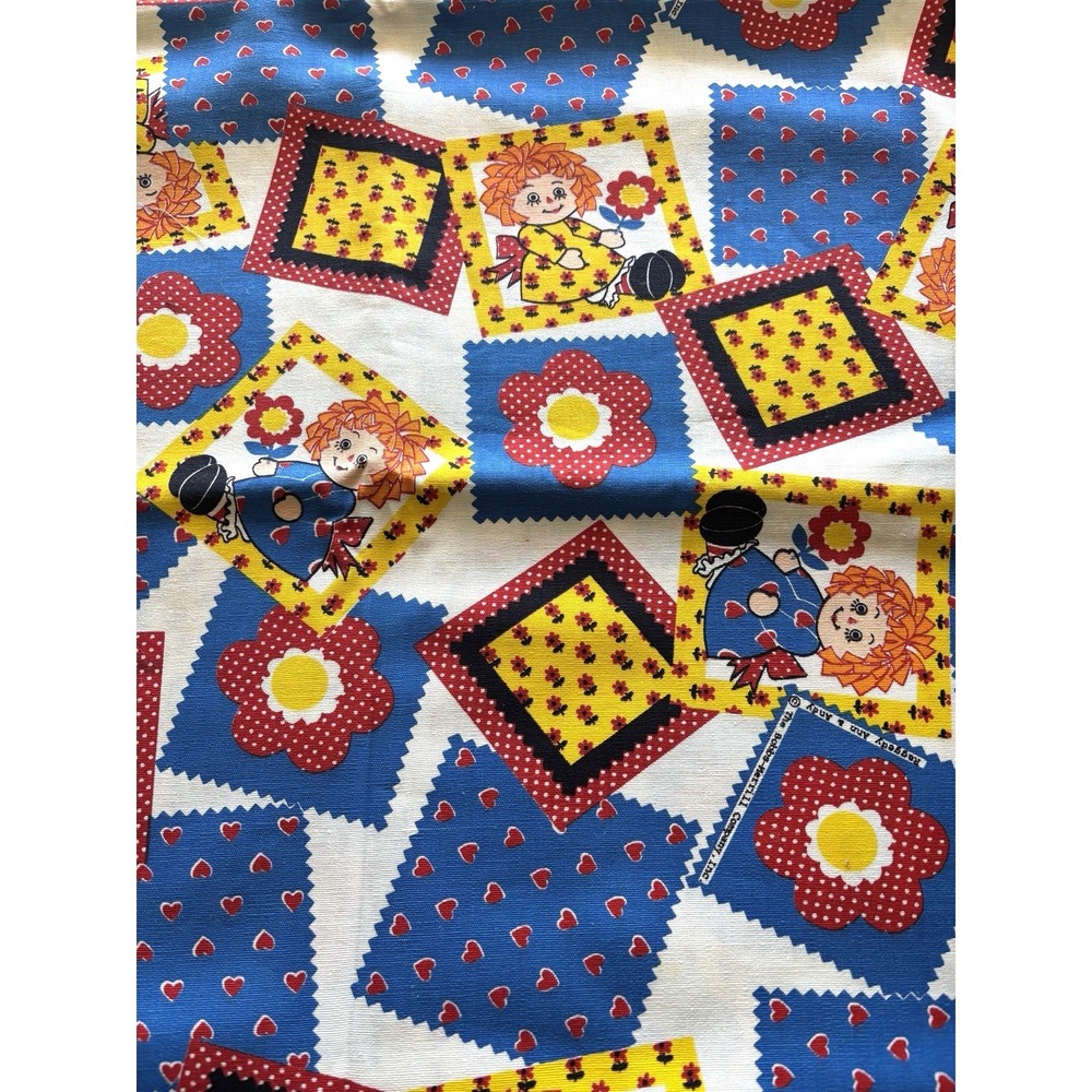 Vintage Raggedy Ann Fabric 1 Yd + 35" x 45" Bright Patchwork Yellow Red Blue